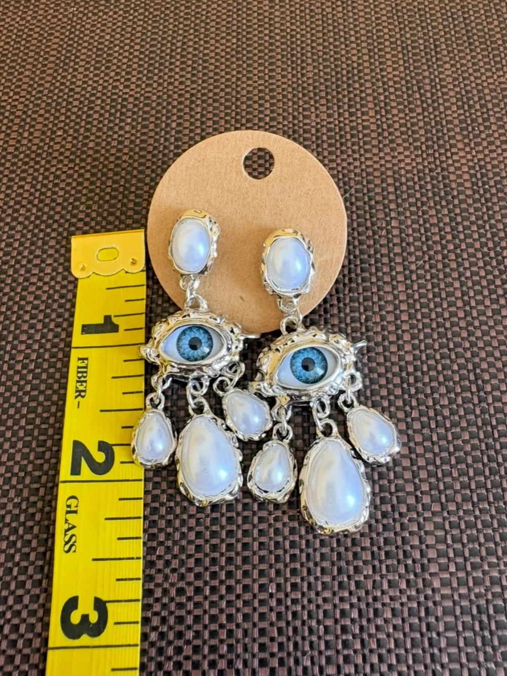 New! Silver Drop Baroque Style Pearls with Blue Evil Eye Chandelier Earrings